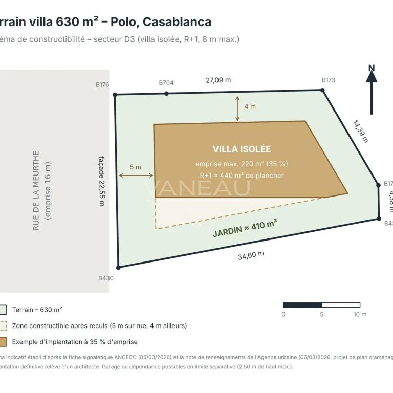 Terrain villa 630 m² – Polo – 22,5 m de façade – Titré, dossier complet